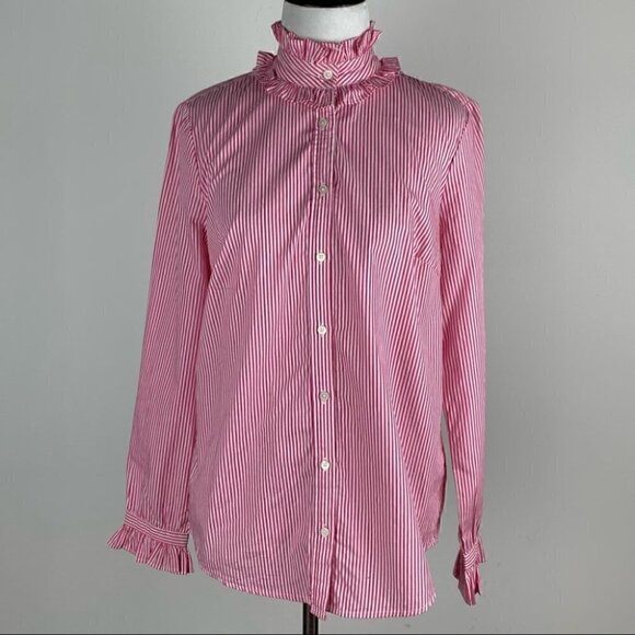 J Crew Re-imagined top style as700 size XS pink white pinstriped ruffle - Picture 7 of 13